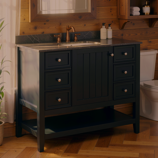 Sunvega 36 Inch Bathroom Vanity Cabinet Base with Drawers and Open Shelf in Black
