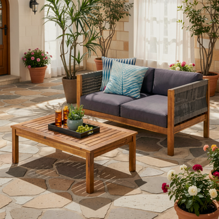 Sunvega Modern Acacia Wood Rattan Loveseat Set with Water-Resistant Cushions