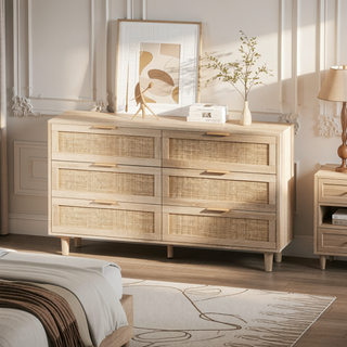 Sunvega Modern Natural Rattan 6 Drawer Dresser with Wood Legs for Bedroom Storage