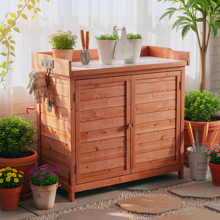 Sunvega Premium Fir Wood Potting Bench with Galvanized Tabletop and 2-Tier Storage