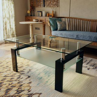 Sunvega Modern Clear Glass Coffee Table with Double Layer Storage for Living Room