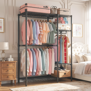 Sunvega Heavy Duty Freestanding Clothes Rack with 6 Adjustable Wire Shelves and 3 Rails