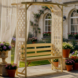 Sunvega Natural Wooden Patio Garden Bench Arbor Arch with Pergola and 2 Trellises