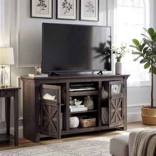 Sunvega Farmhouse TV Stand with 2 Doors and Open Storage for Media Console