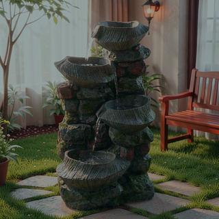 Sunvega 4-Tier Polyresin Cascading Rock Bowl Fountain with LED Light for Indoor Outdoor