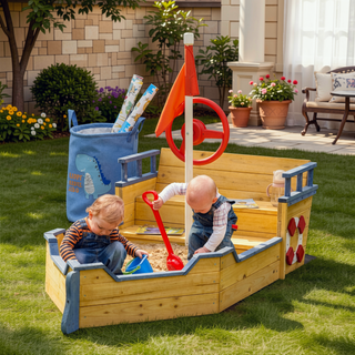 Sunvega Wooden Pirate Sandbox with Bench Seats, Storage, and Non-Woven Fabric Liner