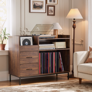 Sunvega Turntable Stand with Power Outlet Flip-Down Lid Storage for 300+ Vinyls