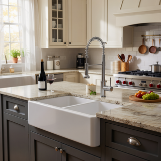 Sunvega 33 Inch White Porcelain Ceramic Farmhouse Kitchen Sink Workstation with Reversible Apron