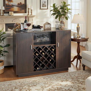 Sunvega Espresso Wooden Frame Wine Cabinet with Stemware Rack and Doors