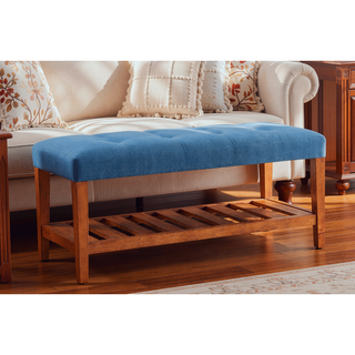 Sunvega Light Blue Fabric Upholstered Tufted Bench with Oak Finish Wooden Legs