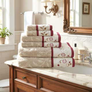 Sunvega Elegant Cotton Jacquard 6 Piece Towel Set with Floral Embroidery