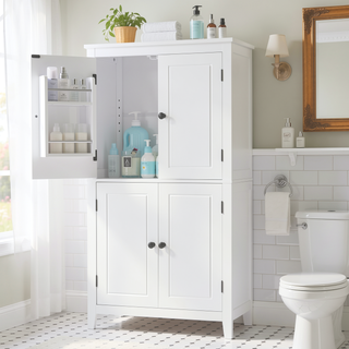 Sunvega Freestanding Bathroom Storage Cabinet with 4 Doors and Adjustable Shelves