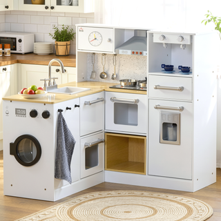 Sunvega Wooden Corner Play Kitchen Set with Sound Effects and Tons of Countertop Space