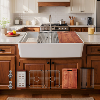 Sunvega 33 Inch White Porcelain Ceramic Farmhouse Kitchen Sink Workstation with Reversible Apron