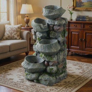 Sunvega 4-Tier Polyresin Cascading Rock Bowl Fountain with LED Light for Indoor Outdoor