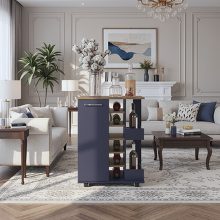 Sunvega Bar Cart with Two External Shelves, Four Locking Casters, and a Single Door Cabinet