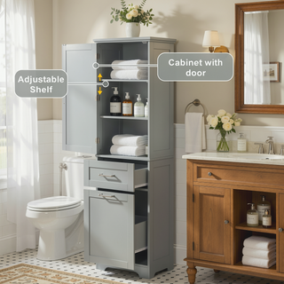 Sunvega Tall Freestanding Bathroom Storage Cabinet with Two Drawers and Adjustable Shelf