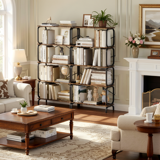 Sunvega Vintage Industrial Style 5 Tier Large Bookcase with White Metal Frame for Living Room