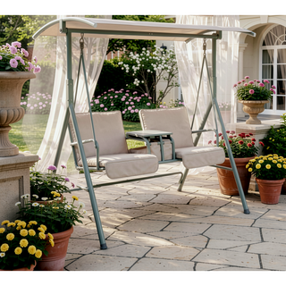 Sunvega Outdoor Porch Swing Chair with Canopy Table and Cup Holders for Two Adults