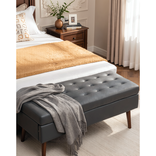 Sunvega Tufted Beige Storage Ottoman Bench with Safety Hinge for Bedroom