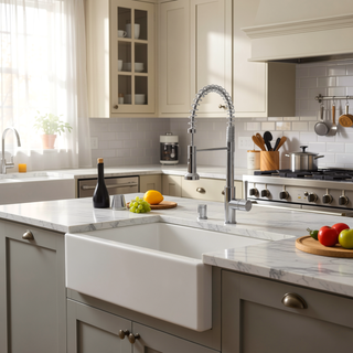 Sunvega 33 Inch White Porcelain Ceramic Farmhouse Kitchen Sink Workstation with Reversible Apron