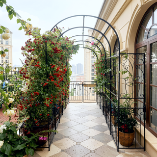 Sunvega Black Metal Garden Arch Trellis with Two Plant Stands for Climbing Plants