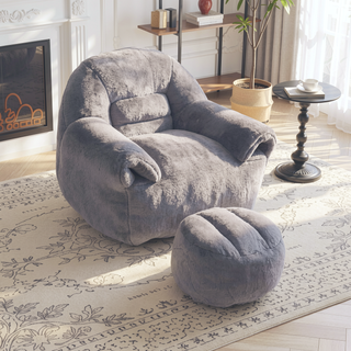 Sunvega Faux Fur Bean Bag Sofa Chair with Back Support and Footstool for Adults