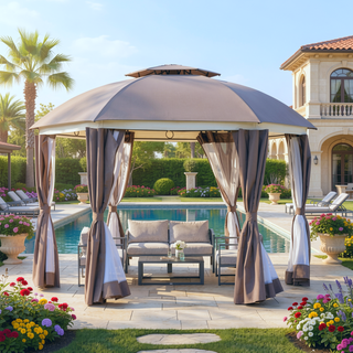 Sunvega 12x12 Round Outdoor Gazebo with Double Roof Netting Sidewalls and Curtains