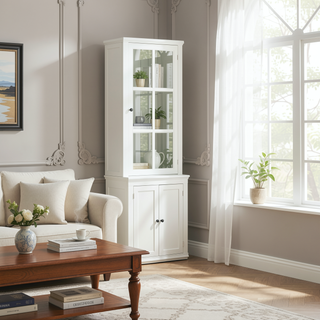 Sunvega Freestanding Farmhouse Pantry Cabinet with Tempered Glass Door and Lattice Window