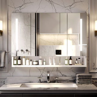 Sunvega Aluminium Medicine Cabinet Mirror with LED Light Defogging Function Cosmetic Storage Rack