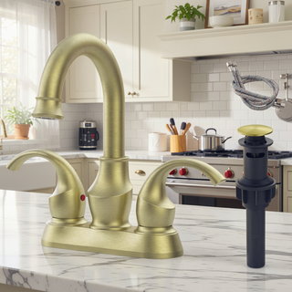 Sunvega Brushed Gold 2-Handle 4-Inch Centerset Vanity Sink Faucet with 360 Degree Rotating Spout