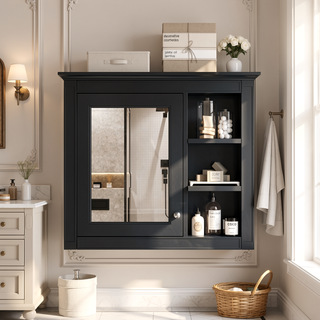 Sunvega Modern Wall Mounted Mirror Cabinet with 3 Open Shelves for Bathroom Storage