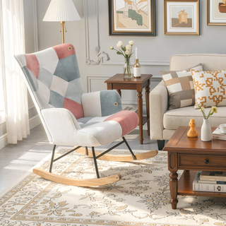 Sunvega Mid Century Patchwork Linen Fabric Rocking Chair with Ottoman for Livingroom Bedroom