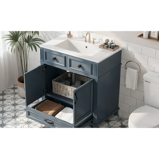 Sunvega Retro Blue Solid Wood Frame Bathroom Vanity with Ceramic Sink