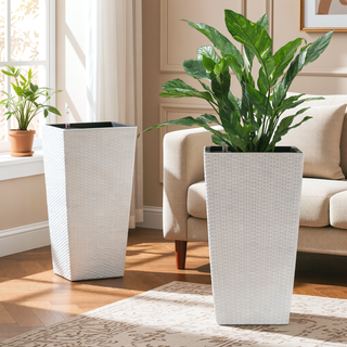 Sunvega Modern Faux Rattan Square Planter with Automatic Watering System for Home and Garden