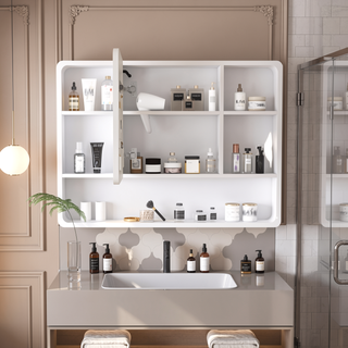 Sunvega Aluminium Medicine Cabinet Mirror with LED Light Defogging Function Cosmetic Storage Rack