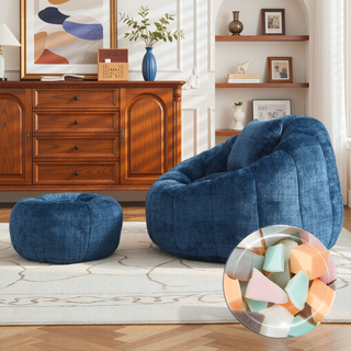 Sunvega Modern Pumpkin Shape Bean Bag Chair with Ottoman for Living Room