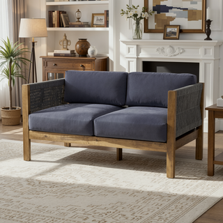 Sunvega Modern Acacia Wood Rattan Loveseat Set with Water-Resistant Cushions