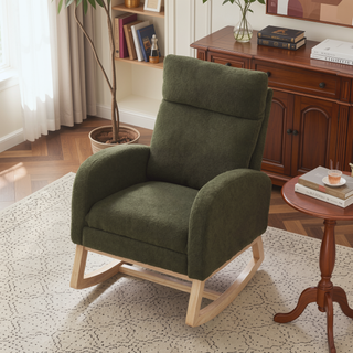 Sunvega Teddy Fabric Rocking Chair With Wood Legs For Living Room And Bedroom
