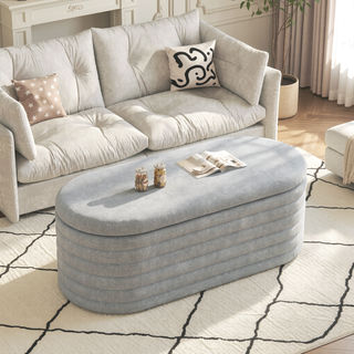 Sunvega Light Grey Upholstered Fabric Storage Ottoman Bench with Safety Hinge