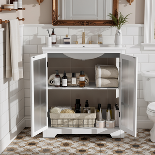 Sunvega Modern 30 Inch Bathroom Vanity with Ceramic Sink and Tempered Glass