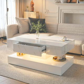 Sunvega Modern Swivel Square Coffee Table with Rotatable Top and Two Drawers