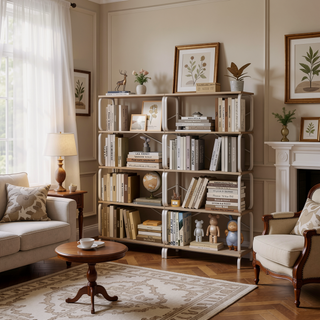 Sunvega Vintage Industrial Style 5 Tier Large Bookcase with White Metal Frame for Living Room
