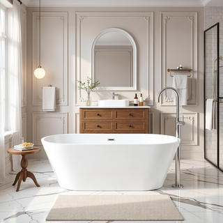 Sunvega 59 Inch Acrylic Freestanding Soaking Tub with Gold Overflow Drain
