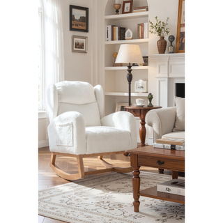 Sunvega Teddy Fabric Rocking Chair With Wood Legs For Living Room And Bedroom