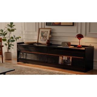 Sunvega Modern TV Stand with Four Tempered Glass Drawers and Built-in Charging Ports