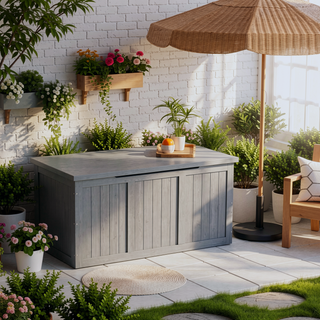 Sunvega 67 Gallon Outdoor Wooden Deck Box with Seat and Table Top