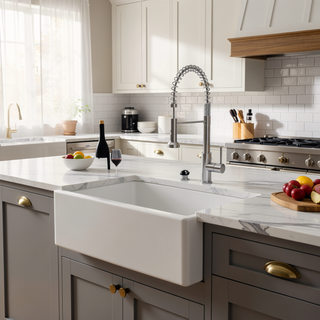 Sunvega 33 Inch White Porcelain Ceramic Farmhouse Kitchen Sink Workstation with Reversible Apron