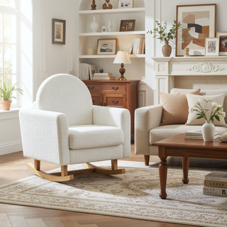 Sunvega Cream White Teddy Velvet Accent Rocking Chair with Curved Back and Pillow