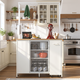 Sunvega White Kitchen Island with Foldable Dining Bar and Large Storage Cabinet